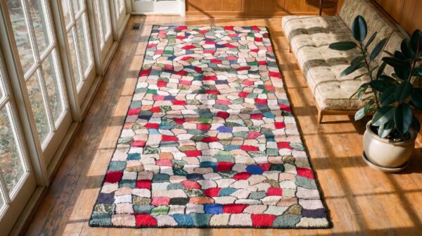 American hooked antique multicolor jewel tones 1930s wool hallway runner rug 2 American hooked antique multicolor jewel tones 1930s wool hallway runner rug (sku 22516) - styled overhead view