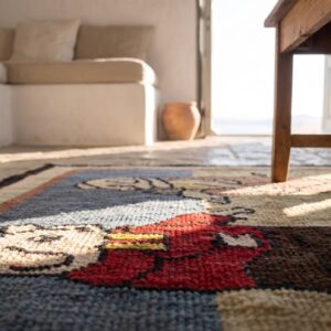 Antique American Hooked Wool Multicolor Small Scatter Size 3 Little Pigs Rug (SKU 20488) - in-room detail