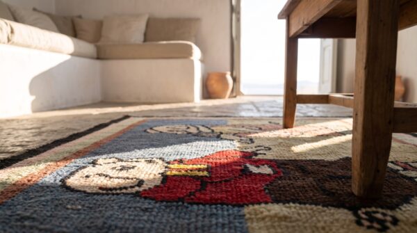 Antique american hooked wool multicolor small scatter size 3 little pigs rug 13 Antique american hooked wool multicolor small scatter size 3 little pigs rug (sku 20488) - in-room detail