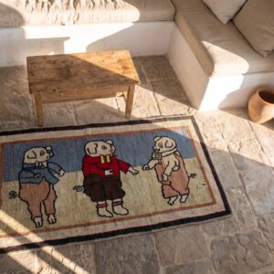 Antique American Hooked Wool Multicolor Small Scatter Size 3 Little Pigs Rug (SKU 20488) - styled overhead view