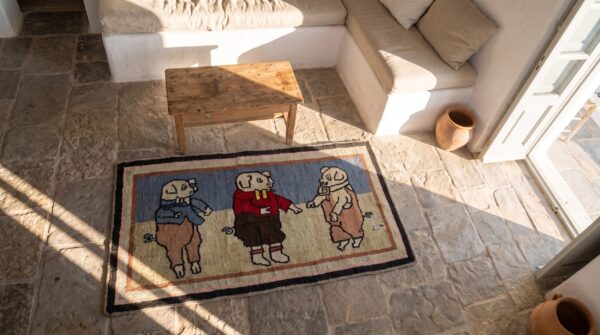 Antique american hooked wool multicolor small scatter size 3 little pigs rug 2 Antique american hooked wool multicolor small scatter size 3 little pigs rug (sku 20488) - styled overhead view