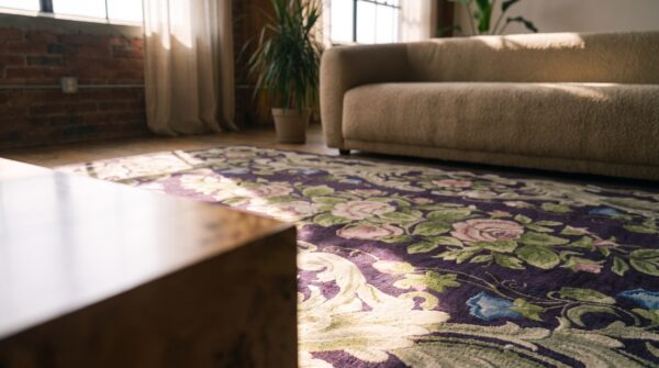 Antique american hooked rug american purple 1920s 10 Antique american hooked rug american purple 1920s (sku 20560) - in-room detail