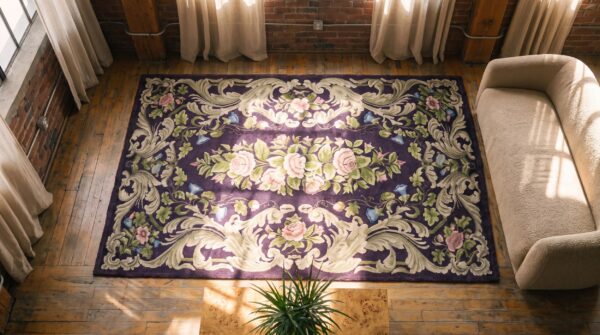 Antique american hooked rug american purple 1920s 2 Antique american hooked rug american purple 1920s (sku 20560) - styled overhead view