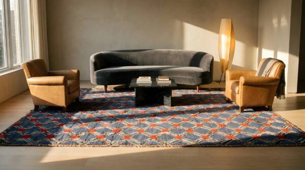 Antique american hooked room size wool blue folk art rug (sku 23807) - room view