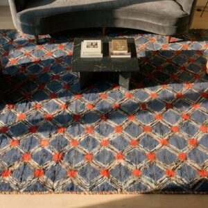 Antique American Hooked Room Size Wool Blue Folk Art Rug (SKU 23807) - styled overhead view