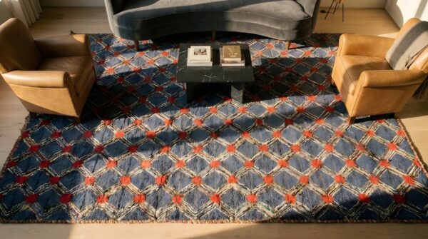 Antique american hooked room size wool blue folk art rug (sku 23807) - styled overhead view