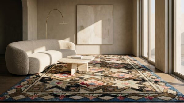 Antique american hooked rug room size wool brown 5 Antique american hooked rug room size wool brown (sku 17599) - room view