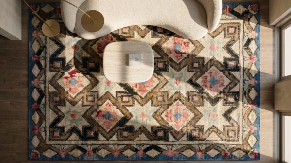 Antique american hooked rug room size wool brown 2 Antique american hooked rug room size wool brown (sku 17599) - styled overhead view