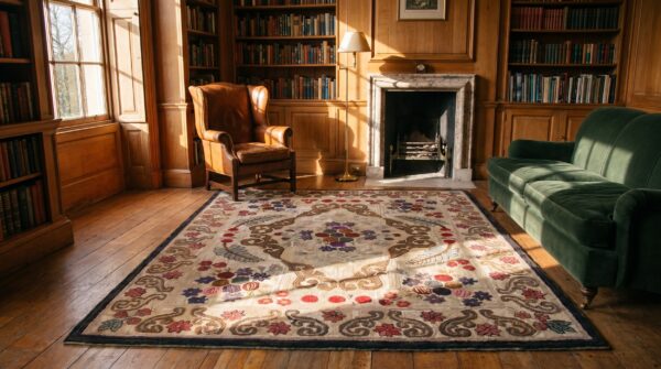Antique american hooked rug room size wool & cotton ivory 10 Antique american hooked rug room size wool & cotton ivory (sku 17214) - room view