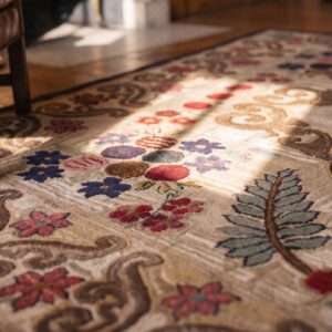 Antique American Hooked Rug Room Size Wool & Cotton Ivory (SKU 17214) - in-room detail