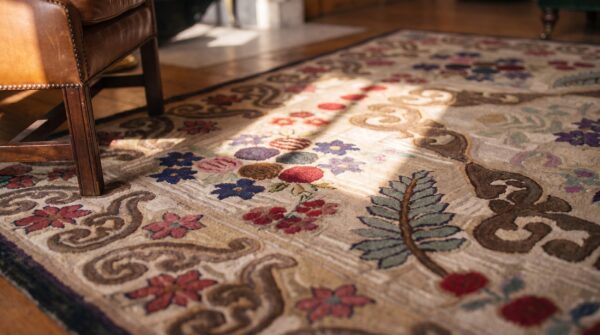 Antique american hooked rug room size wool & cotton ivory 11 Antique american hooked rug room size wool & cotton ivory (sku 17214) - in-room detail