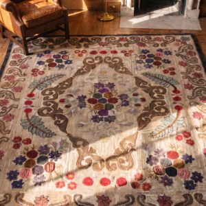 Antique American Hooked Rug Room Size Wool & Cotton Ivory (SKU 17214) - styled overhead view