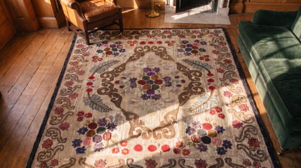 Antique american hooked rug room size wool & cotton ivory 2 Antique american hooked rug room size wool & cotton ivory (sku 17214) - styled overhead view