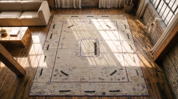 Antique american hooked rug room size cotton ivory 2 Antique american hooked rug room size cotton ivory (sku 18818) - styled overhead view
