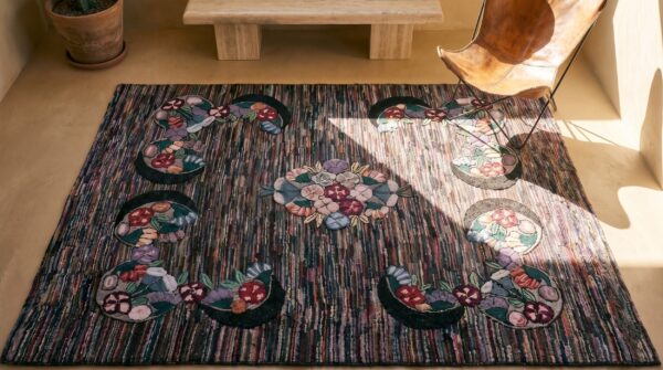 Antique american hooked rug room size wool & cotton multicolor 2 Antique american hooked rug room size wool & cotton multicolor (sku 17546) - styled overhead view