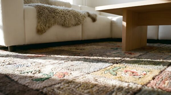 Antique american hooked room size wool multicolor rug 9 Antique american hooked room size wool multicolor rug (sku 25823) - in-room detail