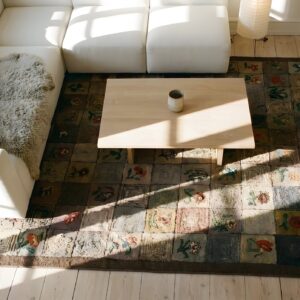 Antique American Hooked Room Size Wool Multicolor Rug (SKU 25823) - styled overhead view