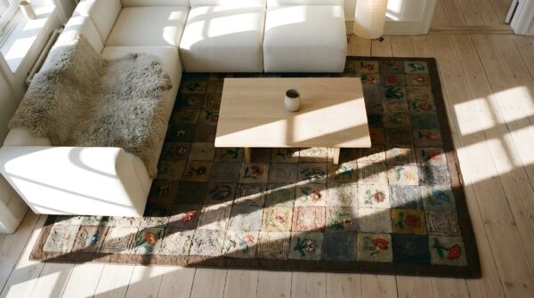 Antique american hooked room size wool multicolor rug 2 Antique american hooked room size wool multicolor rug (sku 25823) - styled overhead view