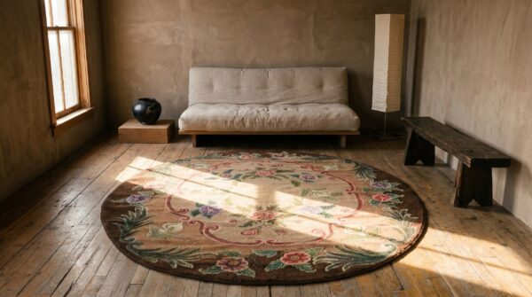 Antique american hooked round floral medallion rug 7 Antique american hooked round floral medallion rug (sku 19927) - room view