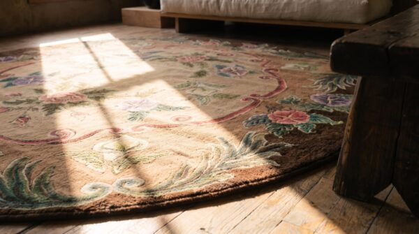 Antique american hooked round floral medallion rug 8 Antique american hooked round floral medallion rug (sku 19927) - in-room detail