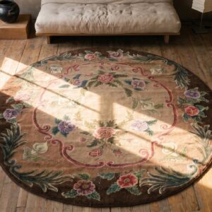 Antique American Hooked Round Floral Medallion Rug (SKU 19927) - styled overhead view