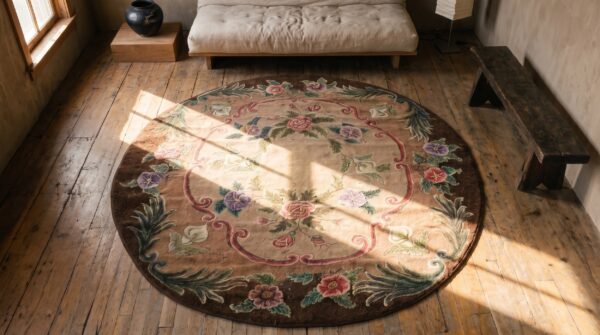 Antique american hooked round floral medallion rug 2 Antique american hooked round floral medallion rug (sku 19927) - styled overhead view