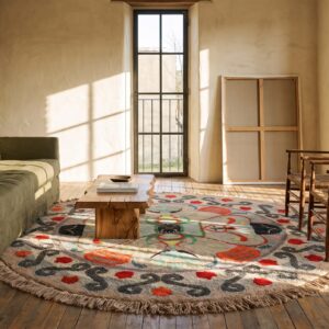 Antique American Hooked Round Wool Rug - Ivory Beige Cream White (SKU 20465) - room view