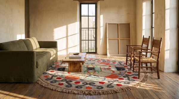 Antique american hooked round wool rug - ivory beige cream white 7 Antique american hooked round wool rug - ivory beige cream white (sku 20465) - room view