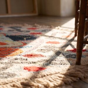 Antique American Hooked Round Wool Rug - Ivory Beige Cream White (SKU 20465) - in-room detail