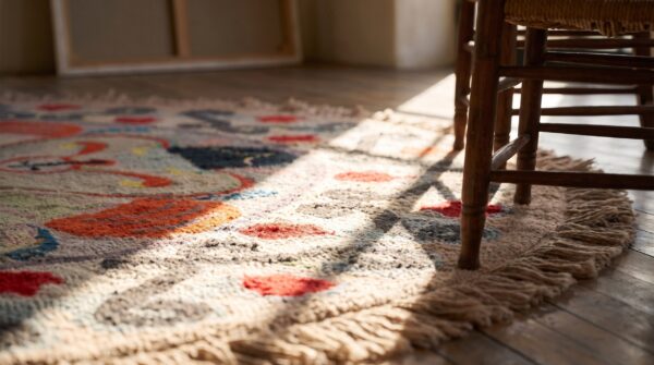Antique american hooked round wool rug - ivory beige cream white 8 Antique american hooked round wool rug - ivory beige cream white (sku 20465) - in-room detail