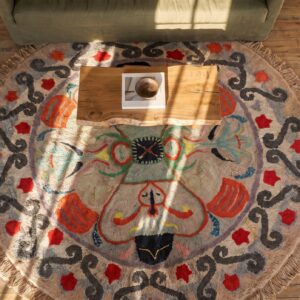 Antique American Hooked Round Wool Rug - Ivory Beige Cream White (SKU 20465) - styled overhead view