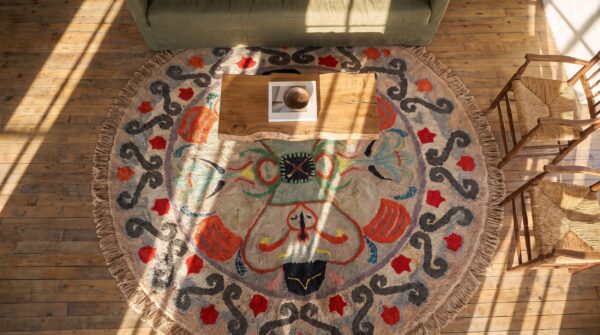 Antique american hooked round wool rug - ivory beige cream white 2 Antique american hooked round wool rug - ivory beige cream white (sku 20465) - styled overhead view