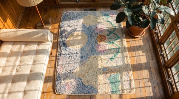 American hooked small scatter size antique 1920s wool rug 2 American hooked small scatter size antique 1920s wool rug (sku 19798) - styled overhead view