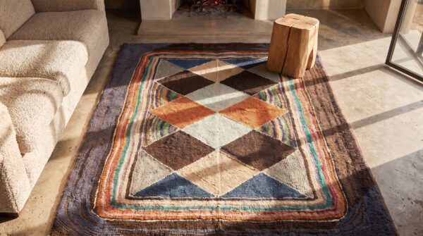 American hooked wool small scatter size 1920s antique rug 2 American hooked wool small scatter size 1920s antique rug (sku 20474) - styled overhead view
