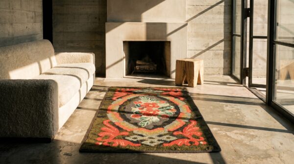 Antique american hooked rug small scatter size wool black 6 Antique american hooked rug small scatter size wool black (sku 18695) - room view