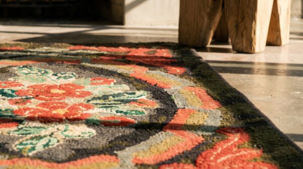 Antique american hooked rug small scatter size wool black 7 Antique american hooked rug small scatter size wool black (sku 18695) - in-room detail