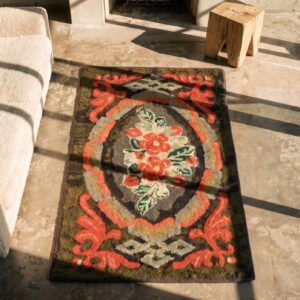 Antique American Hooked Rug Small Scatter Size Wool Black (SKU 18695) - styled overhead view