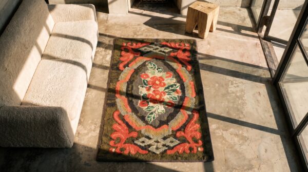 Antique american hooked rug small scatter size wool black 2 Antique american hooked rug small scatter size wool black (sku 18695) - styled overhead view