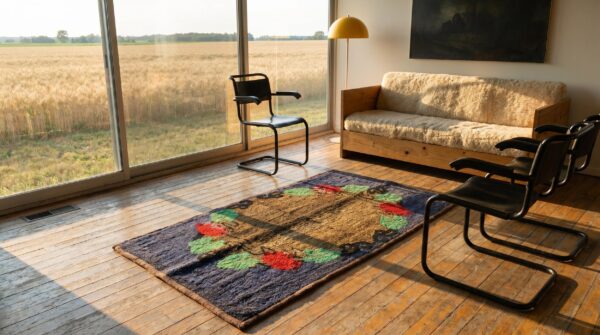 Antique american hooked rug small scatter size wool blue (sku 17635) - room view
