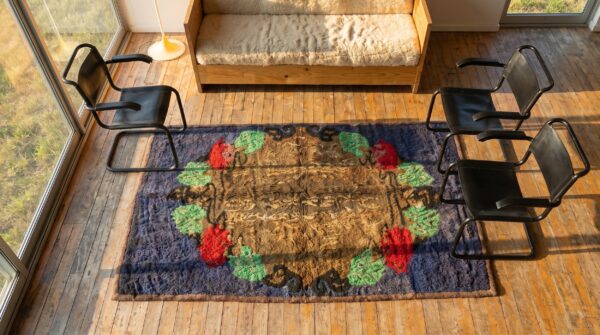 Antique american hooked rug small scatter size wool blue (sku 17635) - styled overhead view