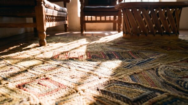 Antique american hooked rug small scatter size wool brown earth tone 9 Antique american hooked rug small scatter size wool brown earth tone (sku 24525) - in-room detail