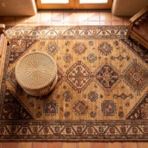 Antique American Hooked Rug Small Scatter Size Wool Brown Earth Tone (SKU 24525) - styled overhead view