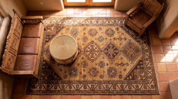 Antique american hooked rug small scatter size wool brown earth tone 2 Antique american hooked rug small scatter size wool brown earth tone (sku 24525) - styled overhead view