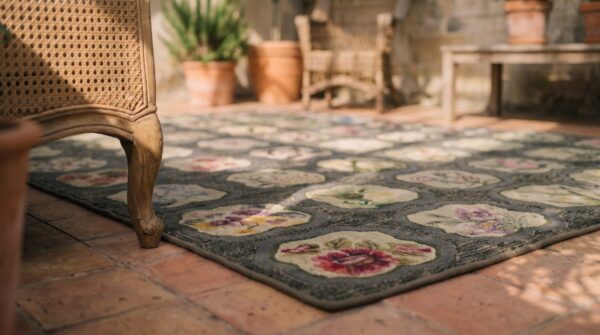 Antique american hooked rug small scatter size wool & cotton 6 Antique american hooked rug small scatter size wool & cotton (sku 19355) - in-room detail