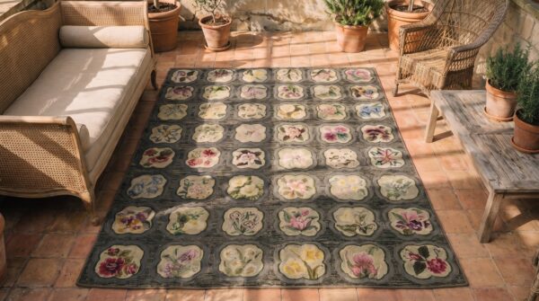 Antique american hooked rug small scatter size wool & cotton 2 Antique american hooked rug small scatter size wool & cotton (sku 19355) - styled overhead view