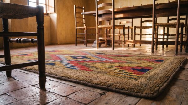 Antique american hooked rug small scatter size wool & cotton brown 7 Antique american hooked rug small scatter size wool & cotton brown (sku 20486) - in-room detail