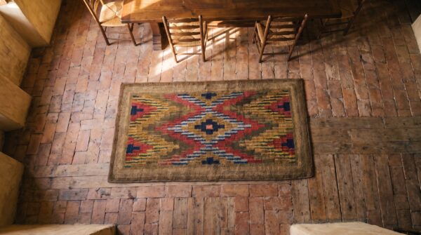 Antique american hooked rug small scatter size wool & cotton brown 2 Antique american hooked rug small scatter size wool & cotton brown (sku 20486) - styled overhead view