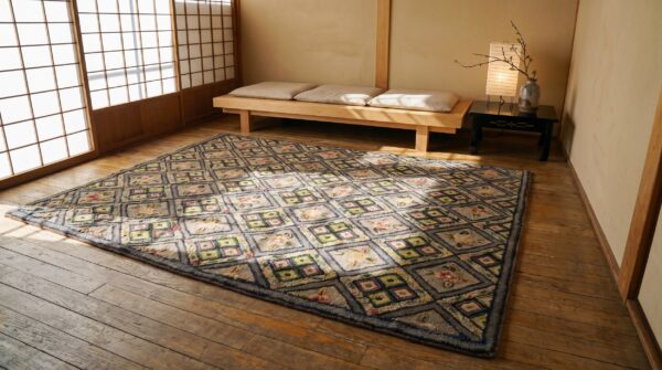 Antique american hooked rug small scatter size wool & cotton gray 10 Antique american hooked rug small scatter size wool & cotton gray (sku 20561) - room view