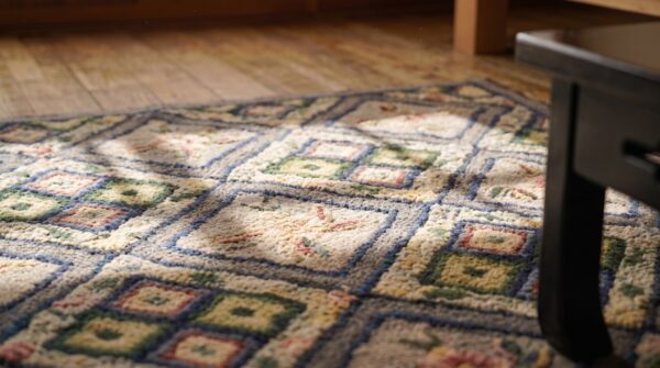 Antique american hooked rug small scatter size wool & cotton gray 11 Antique american hooked rug small scatter size wool & cotton gray (sku 20561) - in-room detail