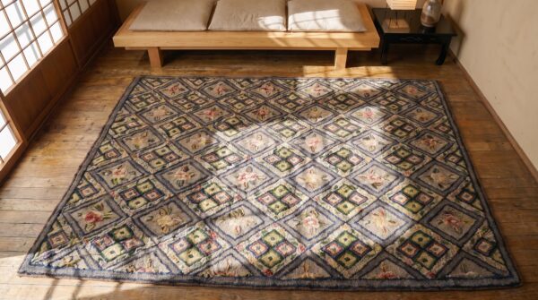Antique american hooked rug small scatter size wool & cotton gray 2 Antique american hooked rug small scatter size wool & cotton gray (sku 20561) - styled overhead view